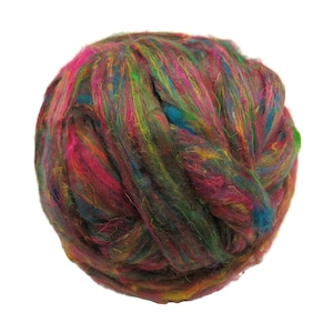 May include: A ball of colourful wool yarn in shades of pink, green, blue, and yellow. The yarn is loosely packed and has a fluffy texture.