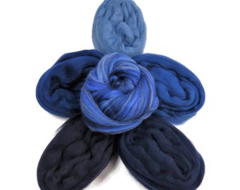 Felters Palette Merino Wool Roving Kit- 5 Denim Blue Colors Superfine Wool Fibers Assortment (blended roving optional)