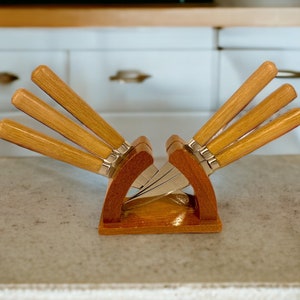 Midcentury modern teak Fruit Knife Stand Scandinavian design 6 knives in a wooden stand. Eskilstuna Stainless Steel, for dessert Collectible