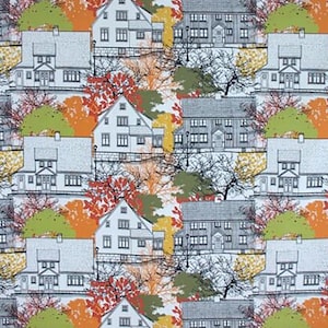 Decoratief textiel Almedahls Zweedse designerstof met huizen, Gunilla Gunnarsson Prästliden Scandinavische woondecoratie Naaien