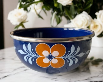 Vintage enamel serving bowl Floral print scandinavian pattern blue with orange flower Gift for retro lover housewarming gift