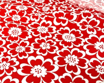 60s vintage retro fabric Floral print Made in Sweden Scandinavian design Red and white Cotton canvas