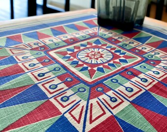 50s midcentury modern tablecloth. Scandinavian vintage design Squared table topper typical Geometric design space age.