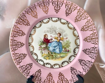 Collectors vintage pink serving plate Gloria Carlsbad 22 carat gold Round Watteau Rococo Courting Couple Hand Painted Rare Fine Porcelain