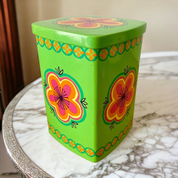 Vintage tin canister Danish Scandinavian design Ira Agneta Wangel Green retro floral tin container Coffee Cookie Jar Housewarming gift