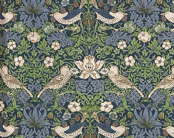 Beautiful botanical designer fabric, Scandinavian design Curtains fabric blue color Floral print with birds. William Morris inspired Swedish