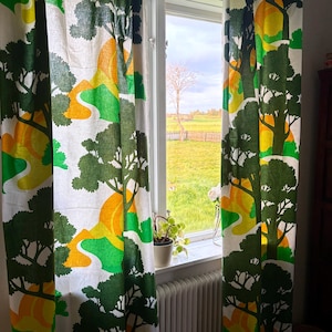 Scandinavian vintage Curtains Pair of Retro Green & Orange Tree Panels  Swedish Mid Century Pop Art Botanical Print Sun and trees 70s trend