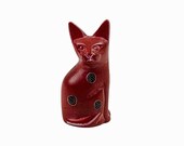 Small vintage stone cat. Made in the 1950s-1970s. Handmade hand painted. Red stone-carved collectible figurine. Rare retro sculpture.