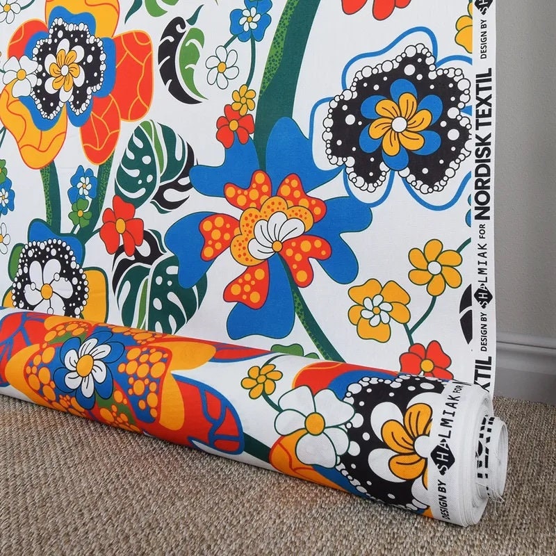Scandinavian Floral Cotton Fabric: Vintage Swedish Folk Art Design