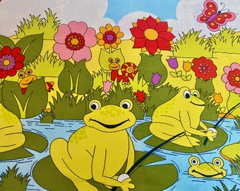 70s fantastic Swedish vintage fabric with cute frogs Colorful retro fabric Kids textile Green pink mod textile Scandinavian design
