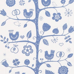 Almedahls swedish designer fabric with birds. Blue high quality cotton. Fågelsång Betty Svensson Scandinavian home decor