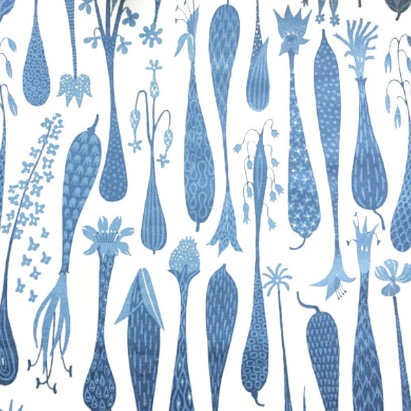 Tissu vintage scandinave Stig Lindberg Printemps bleu motif rétro imprimé floral midcentury moderne suédois designer tissu en lin