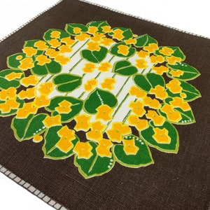 Swedish vintage squared table topper / tablecloth. Made in Sweden in 1960s. Scandinavian design, brown w. floral pattern on cotton canvas