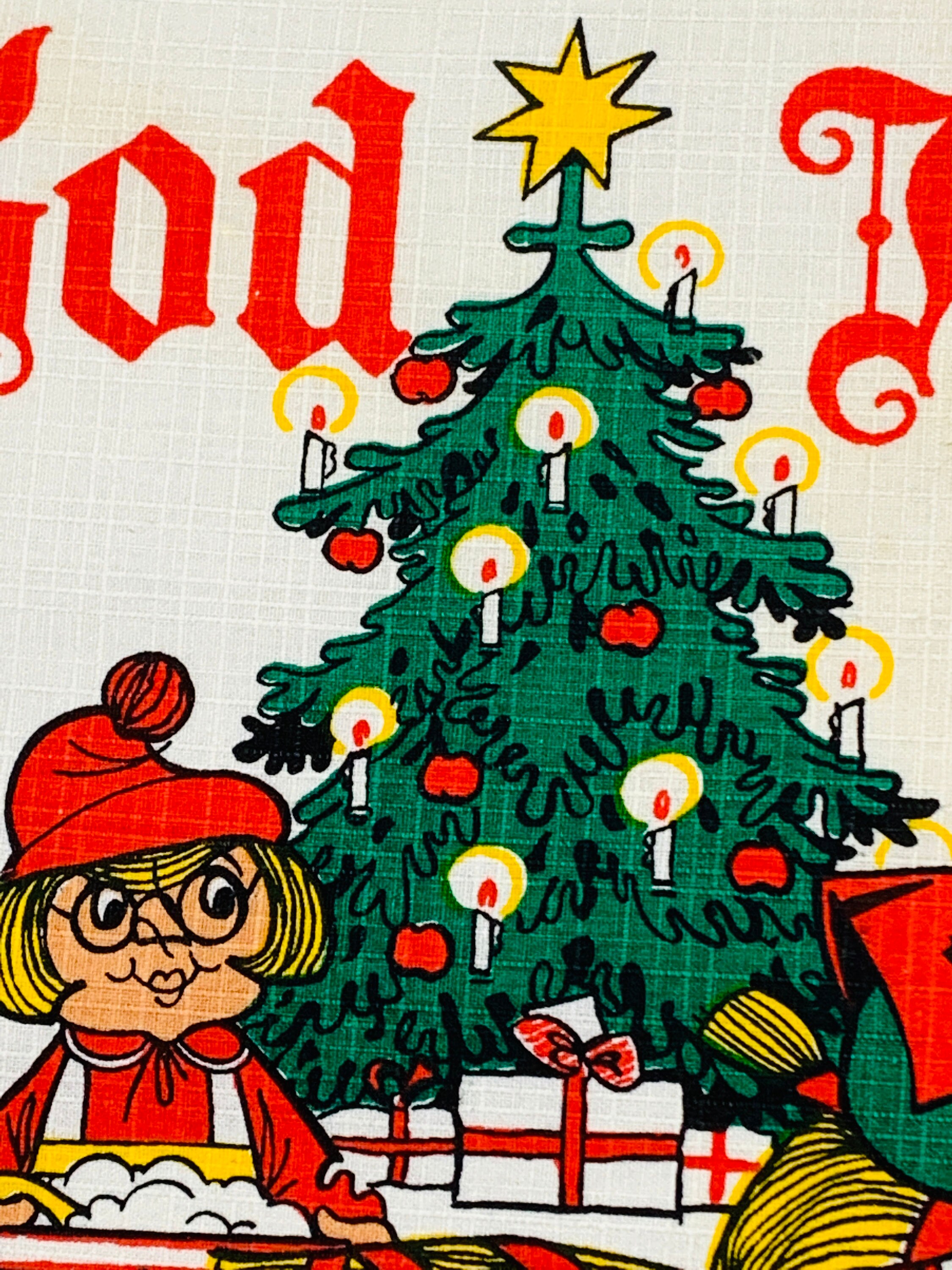 Vintage Swedish Christmas Tapestry, Santa & Elves, 1960s Retro