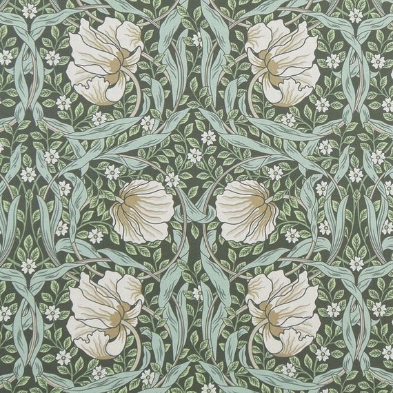ボタニカルカーテン生地：グリーンの花柄プリント、ウィリアムモリス