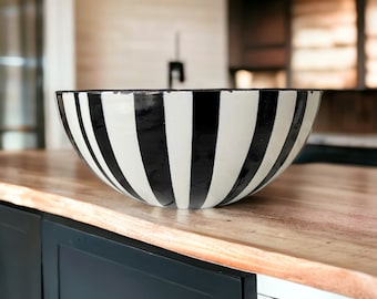 Midcentury Modern Cathrineholm Enamel Bowl - Black and White Striped Scandinavian Design - 8" - Rare Vintage Norwegian Collectible Art Decor