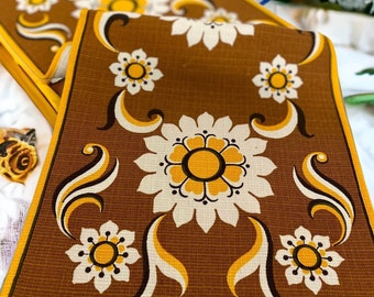 60s Mid century modern vintage retro table runner Floral fabric Scandinavian design Yellow and brown table linen Unused Cotton mix