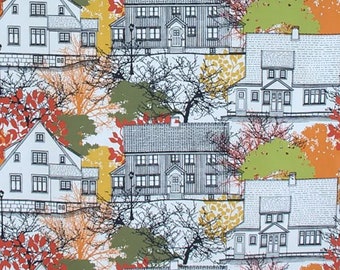 Swedish designer fabric with houses. Scandinavian design Almedahls High quality cotton fabric. Prästliden Gunilla Gunnarsson Multi color