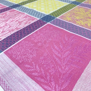 Woven Swedish vintage table topper tablecloth. 50s squared retro cloth.  Lovely linen mid century modern Scandinavian design, pink, yellow.