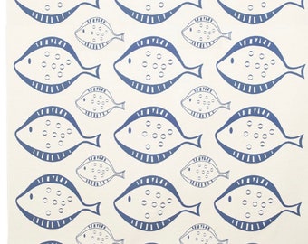 Swedish designer fabric with a retro inspired print with fish. Fiskparaden design Almedahls High quality Nordic fabric.