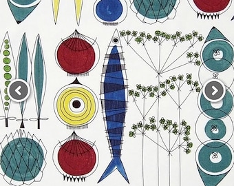 Classic vintage fabric Marianne Westman Picnic Scandinavian fabric vegetables mid century modern design Cotton upholstery fabric by the yard