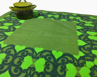 Colorful Swedish vintage tablecloth Green cotton topper with swirls and hearts. Scandinavian design 60s mod table linen