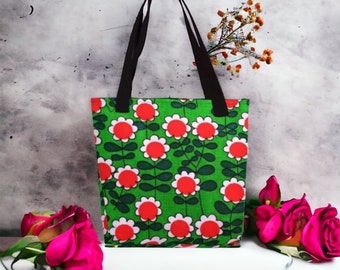 Beautiful Tote bag from vintage fabric Mod floral print Gift for her Scandinavian design Swedish fabric Green and red Retro flower pattern