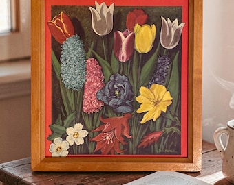 Antique Botanical Chromolithography Spring Flowers Framed, Swedish Provenance Belfrage, Early 20th Century Wood Frame Cottagecore Wall Art