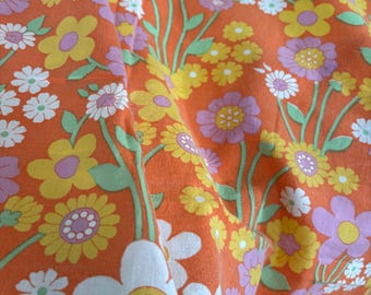 70s Retro Floral Fabric: Swedish Cotton Textile, Purple & Orange