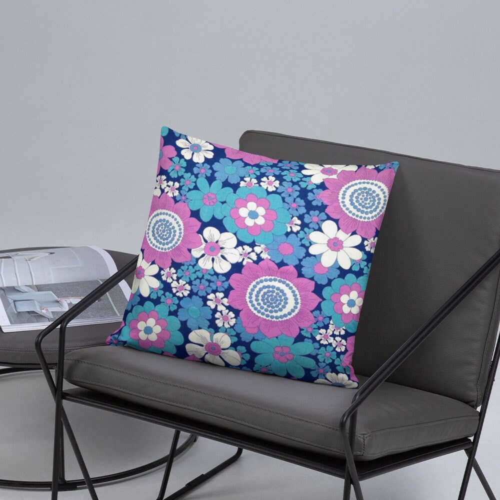 Vintage fabric throw pillow Retro cushion Floral print 70s Etsy