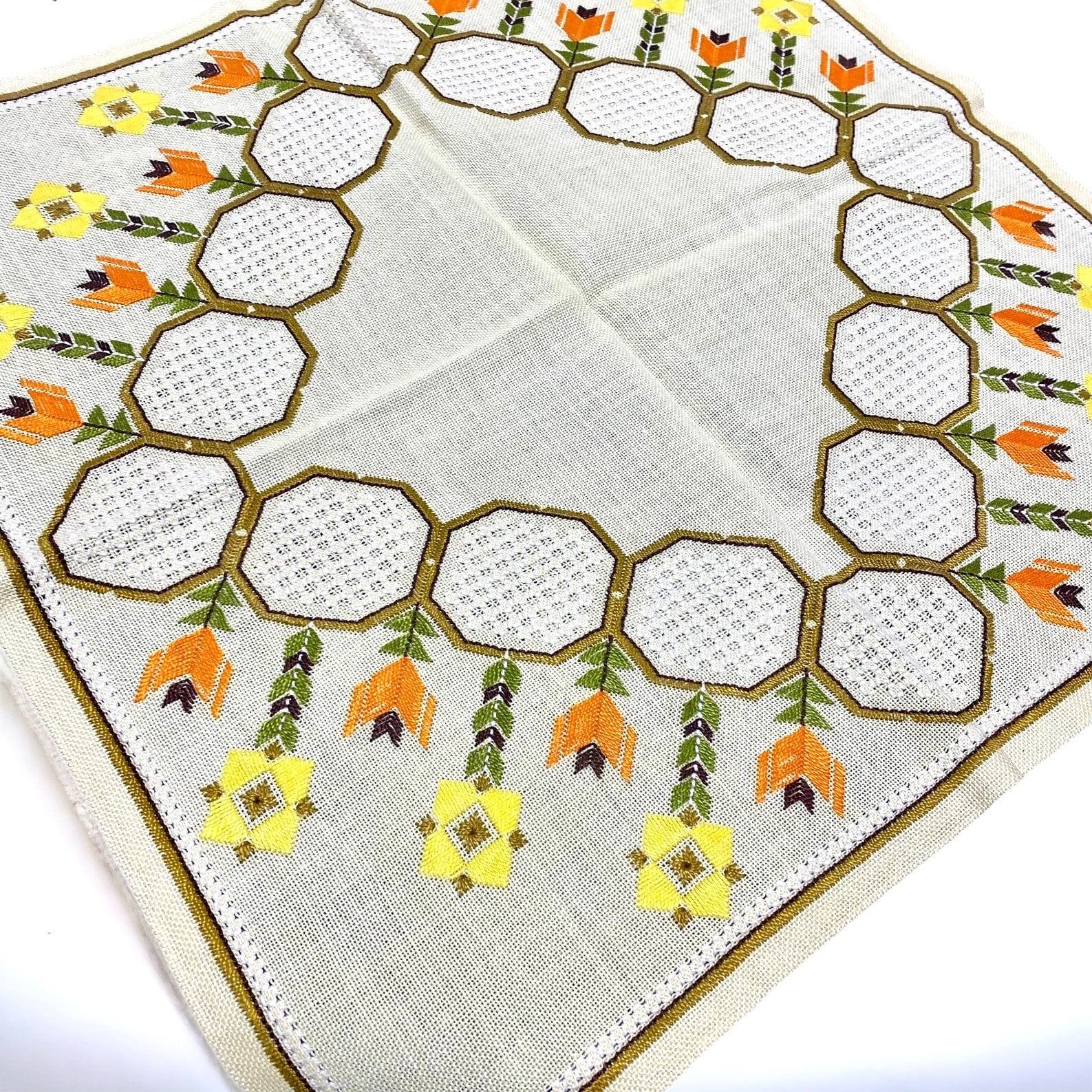 From Sweden＊Vintage linen Cloth・* Vintage Swedish Tablecloth: Mid-century Modern Hand Embroidered