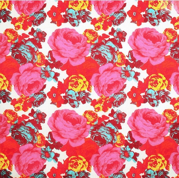 Scandinavian Linen Fabric: Pink Roses Print, Bohemian Decor