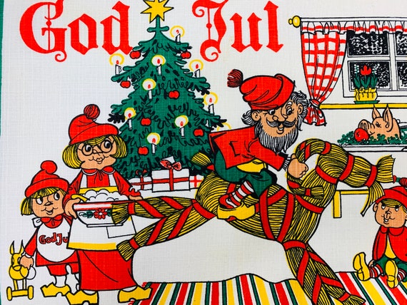 Vintage Swedish Christmas Tapestry, Santa & Elves, 1960s Retro