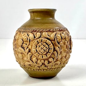 West German ceramic Jasba vase. 1960s Bulbous vase. Design 1484 12 Embossed floral pattern vase Mid century modern German pottery brown vase