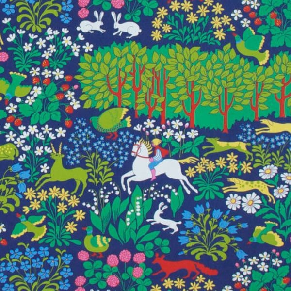 Tissu rétro suédois design scandinave La chasse Jakten bleu Ulla Eson Bodin imprimé animal Almedahls tissu vintage nouvelle impression par cour