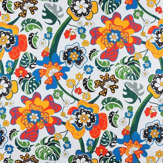 Scandinavian Floral Cotton Fabric: Vintage Swedish Folk Art Design