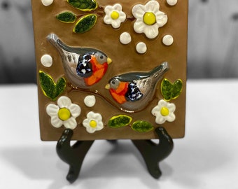 60s vintage ceramic plaque Deco Helsingborg B. Johansson swedish wall hanging modern decor birds scandinavian stone ware collectible design