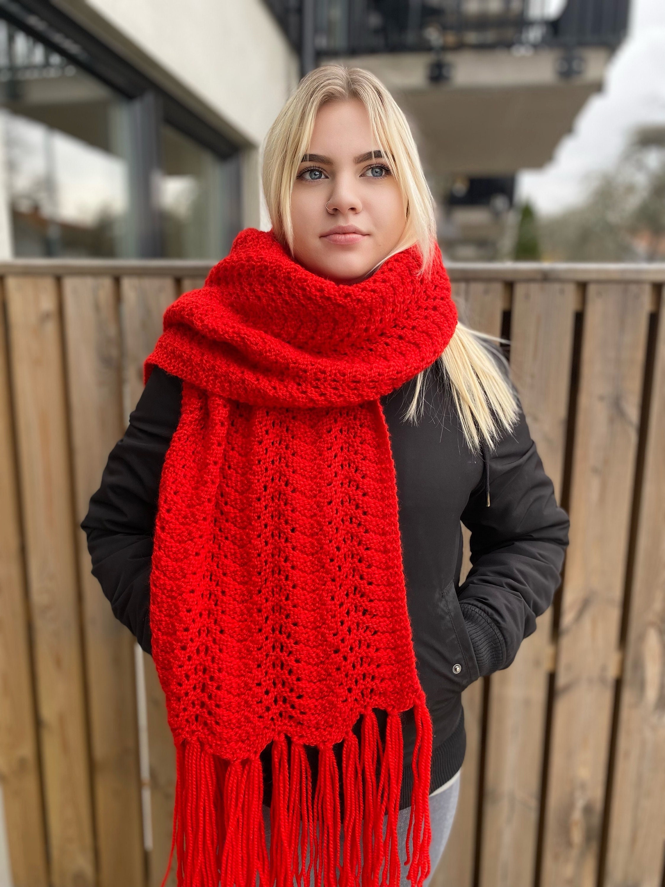 Knit Scarf Large Red Scarf Handmade Knitted Chunky Wool Shawl Red