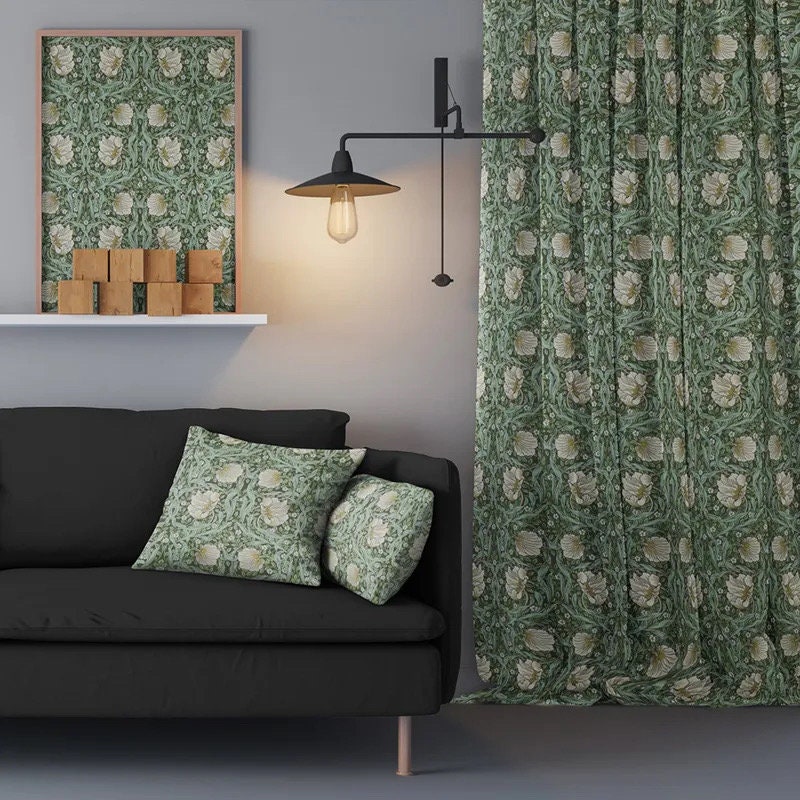 ボタニカルカーテン生地：グリーンの花柄プリント、ウィリアムモリス