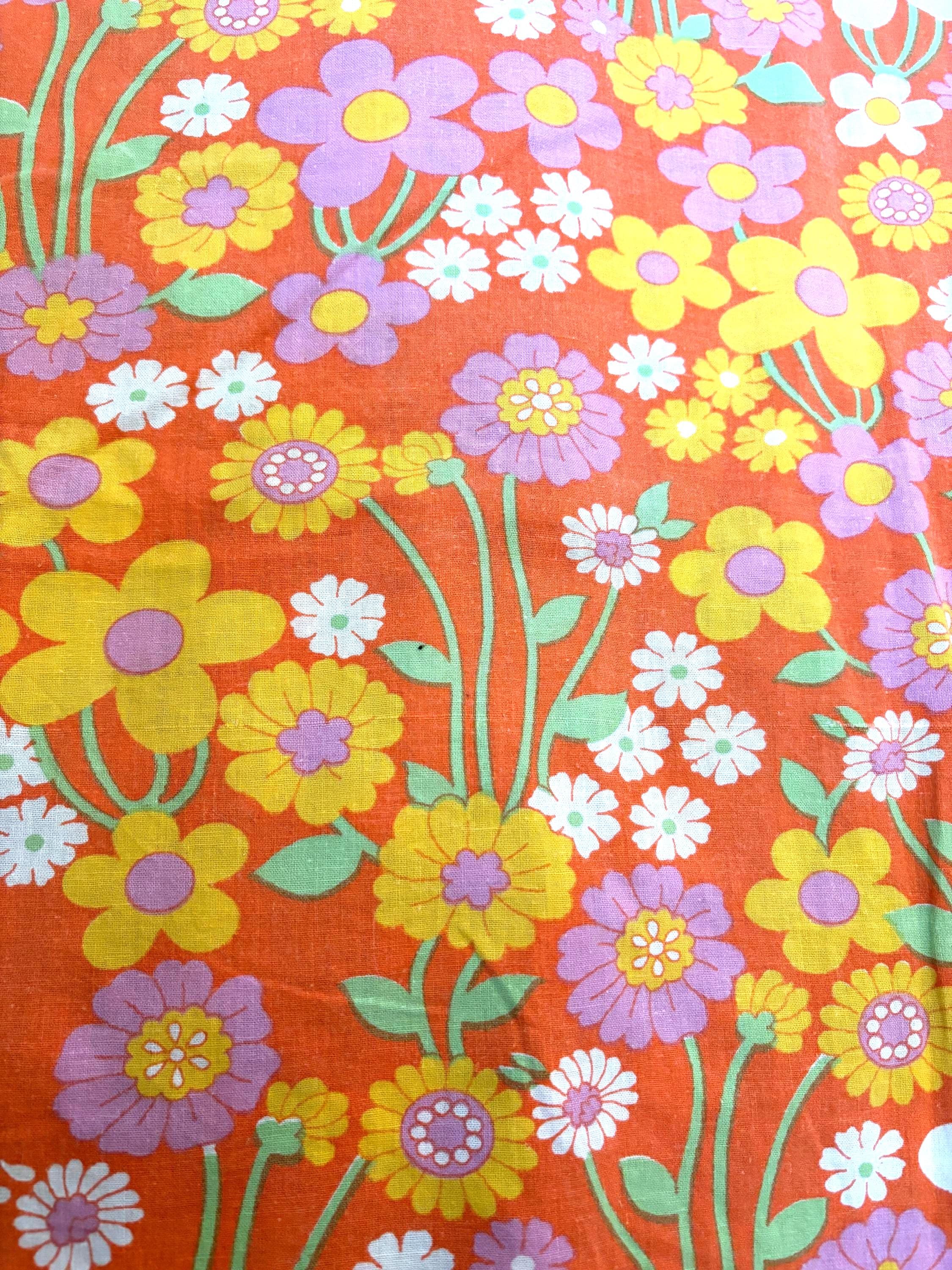 70s Retro Floral Fabric: Swedish Cotton Textile, Purple & Orange