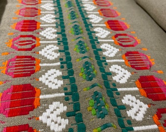 ヴィンテージ刺繍入りリネンテーブルクロス：ミッドセンチュリーモダン
