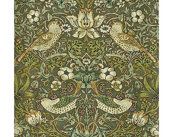 Beautiful botanical fabric, Scandinavian design Curtains fabric green color Floral print with birds. William Morris inspired Swedish