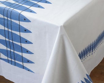 Vintage Almedahls Sill Tablecloth by Marianne Nilsson | Swedish 1950s Fish Design | Acrylic-Coated Cotton | Retro Blue White  145x220cm