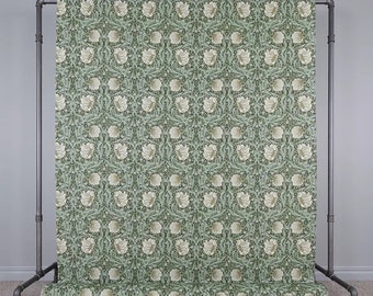 ボタニカルカーテン生地：グリーンの花柄プリント、ウィリアムモリス