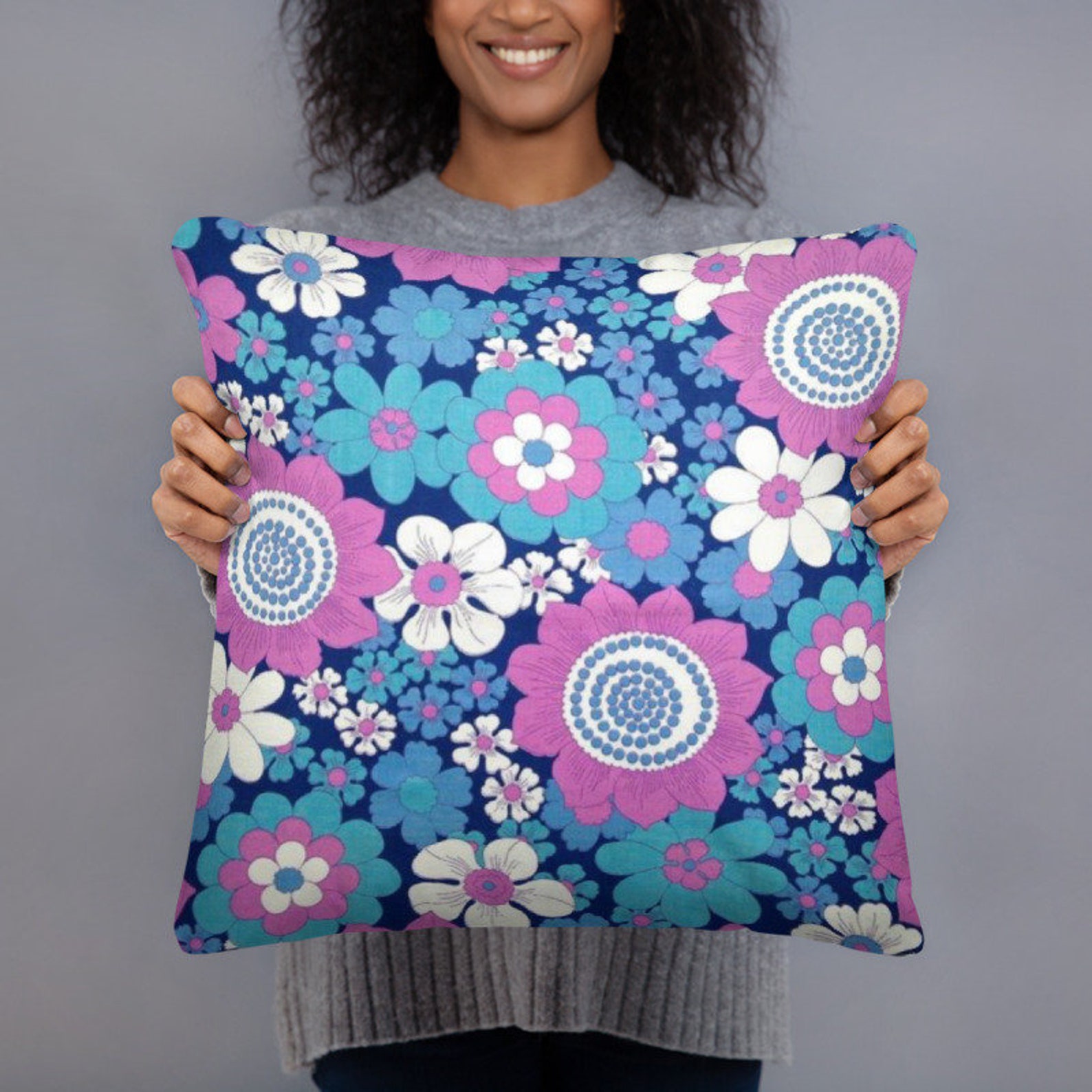 Vintage fabric throw pillow Retro cushion Floral print 70s Etsy