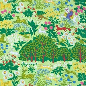 Tessuto vintage svedese Design scandinavo Tessuto per tappezzeria verde The hunt Ulla Eson Bodin Stampa animalier Tessuto per tende Almedahls Nuova stampa