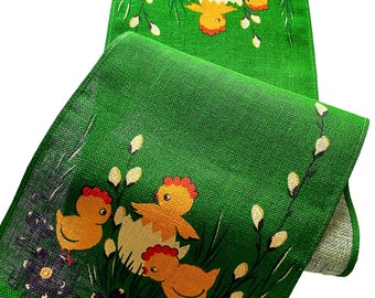 Vintage Scandinavian easter table runner Swedish retro gift  floral pattern print. Green jute fabric Made in Sweden 1960s