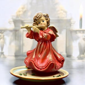 Vintage Retro Angel Figurine – Flute Playing Angel in Red and Gold – Religious Decor – 1970s Collectible Housewarming gift Spiritual gift