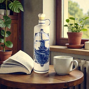 May include: A white ceramic bottle with a blue windmill design, a handle, and a cork-like stopper. It sits on a wooden table next to an open book and a white mug. A potted plant and a candle are visible in the background.