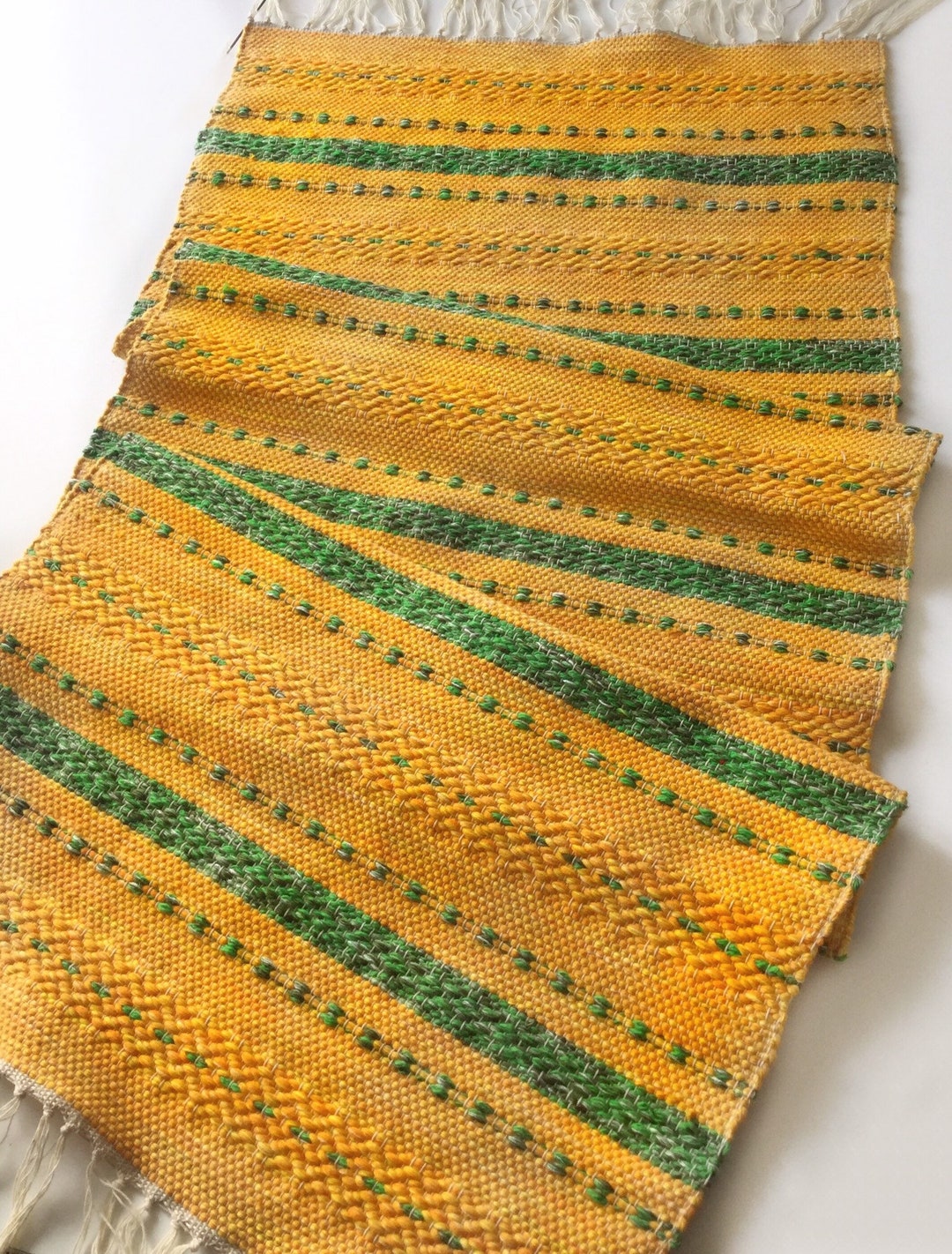 50s Scandinavian Rag Rug Runner Wall Art Yellow Handwoven Carpet